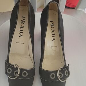 Prada Calzature Donna Linen & Leather Black Buckle Heels
